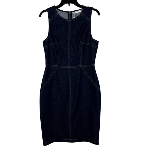 Trina Turk Size 8 Dark Denim Sleeveless Sheath Dress Modern Stitching NEW - Picture 1 of 10